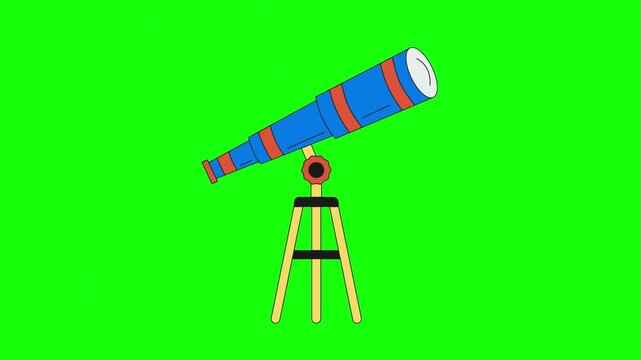Cartoon blue telescope on tripod animation on green screen
