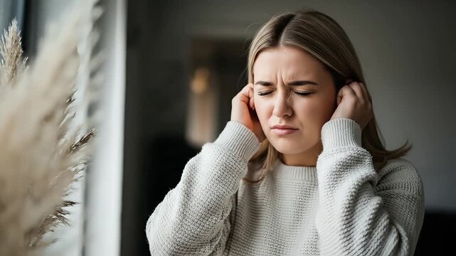 Woman covering ears with hands expressing discomfort or pain