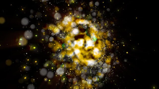 A bright galaxy made up of billions of particles glows neon and moves through space, scattering meteors and plasma.
