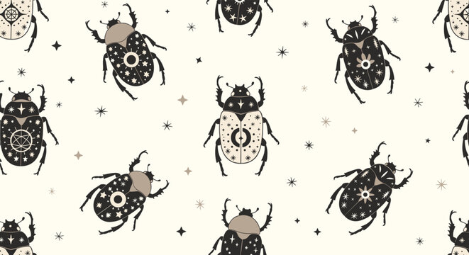 Ornate seamless pattern of scarab beetles with cosmic stars and symbols on a light background for an ancient mystical theme.