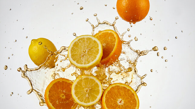 Salpique de jugo de c&iacute;tricos frescos y rebanadas de lim&oacute;n y naranja volando contra un fondo negro. Explosi&oacute;n de frescura y sabor.