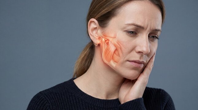 Woman touching face due to jaw pain. Visualization of temporomandibular joint anatomy and muscles. Medical concept of dental or facial discomfort, health diagnosis and biology study.