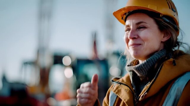 Female diversity. Human rights, equal opportunity concept. A closeup portrait of a woman wearing a bright yellow hard hat and a yellow jacket. She smiles as she holds a black tablet in her hands.