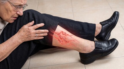 Fototapeta premium Elderly woman feeling pain in painful leg with visible varicose veins. Medical concept of vascular health and circulation problem. Suffering senior patient touching swollen vein on calf.