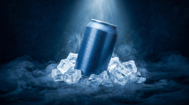 Lata de bebida rodeada de hielo flotante con vapor fr&iacute;o visible, fondo oscuro contrastado, iluminaci&oacute;n dram&aacute;tica, estilo premium publicitario.