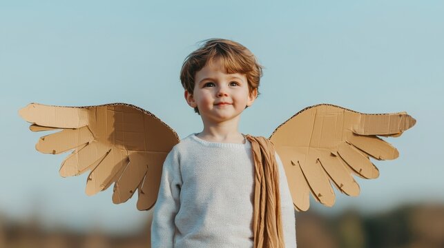 A young boy wears cardboard angel wings outdoors, smiling gently with a clear sky and blurred natural background.