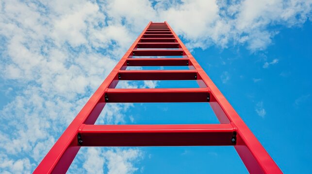 A red ladder stretches upward toward a partly cloudy blue sky, symbolizing progress and aspiration.