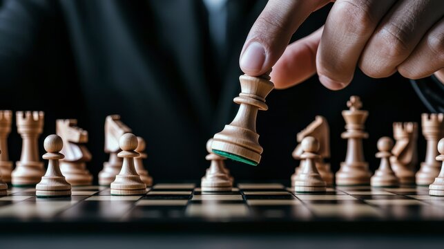 A hand moves a white king piece on a wooden chessboard during a strategic game.