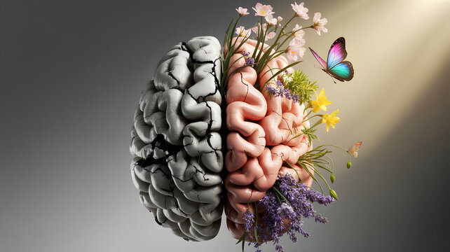 Brain of the Mind: The image shows the two halves of the brain with different states, the left side of the brain in dark and a flower growing with butterfly in right.