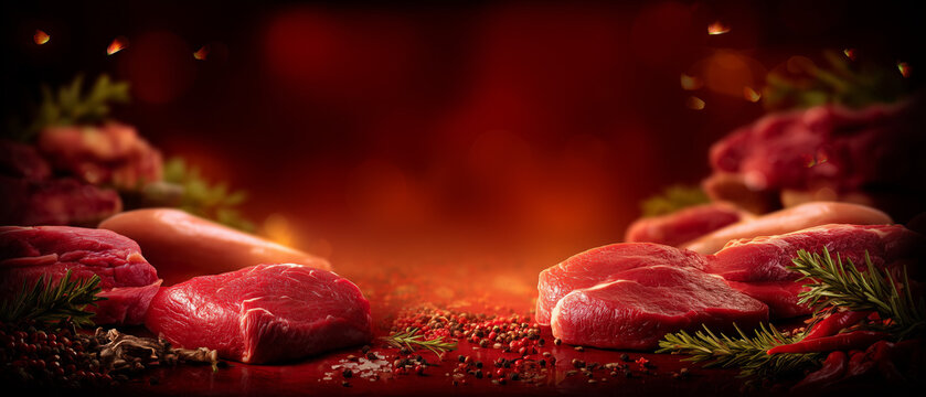 Fresh cuts of red meat on wooden table with spices and herbs  