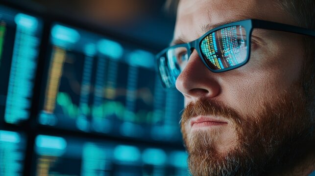 A man with glasses intently analyzes digital financial data reflected in his lenses against a backdrop of multiple trading charts.