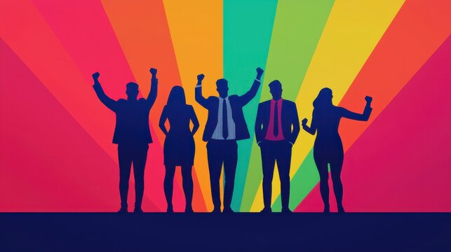 Silhouettes of five business people celebrating success against a vibrant, colorful background with radiating rays.