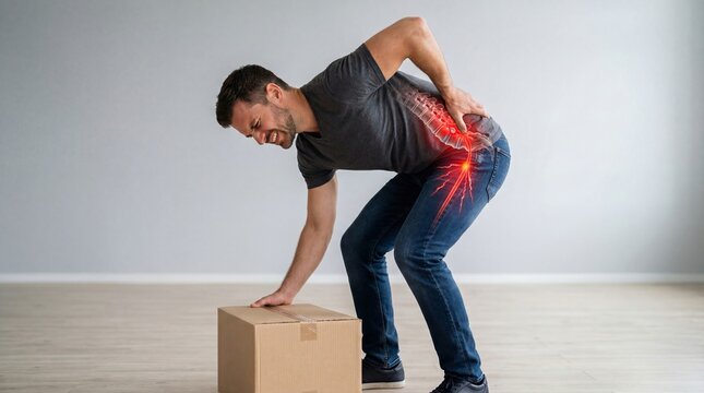 Man suffering from lower back pain while lifting heavy cardboard box. Spinal injury and muscle strain anatomy visualization. Healthcare concept for orthopedic treatment and relief.