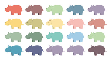 Fototapeta premium Grid of small hippopotamus illustrations in various pastel and earthy colors on a white background for color palette and animal themes.