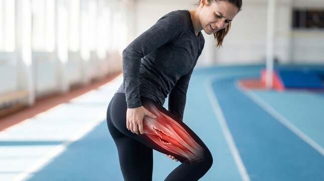 Woman athlete feeling sharp thigh pain after workout. Illustration of hamstring muscle injury with glowing red pain zone. Sports medicine, trauma recovery and anatomy concept.