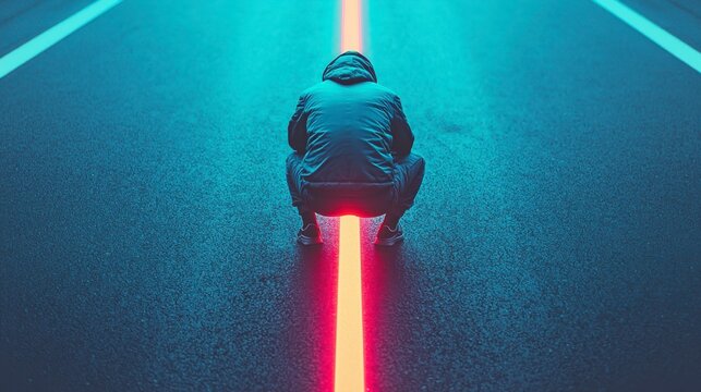 A person in a hooded jacket crouches on a neon-lit road, illuminated by a glowing red line extending into the distance.