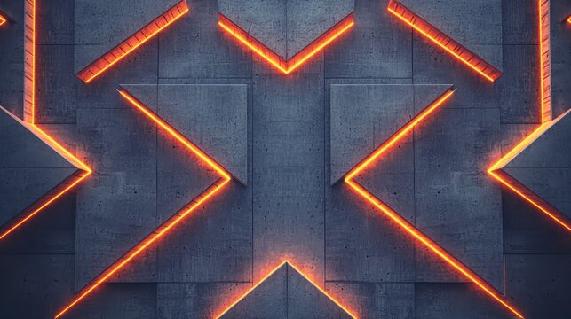 A futuristic concrete wall features glowing orange neon lines forming geometric arrow shapes in a symmetrical pattern.