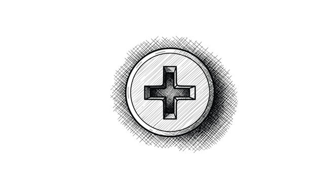 Hand-drawn vintage style illustration of a phillips head screw top with cross hatch shading for hardware and construction themes.