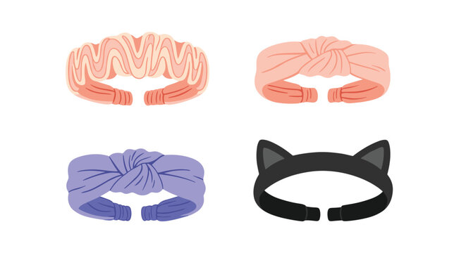 Set of four different headbands for hair including knotted, ruched and cat ear styles in pink, purple and black for fashion accessories.