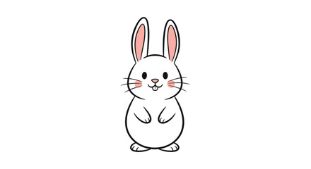 Obraz premium Adorable white rabbit with long pink ears and rosy cheeks stands alert with its paws tucked in against a clean white background.