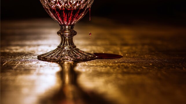 Crystal wine glass leaning on wooden table edge with deep red droplet hanging, shallow depth and side-back light freezing elegant danger