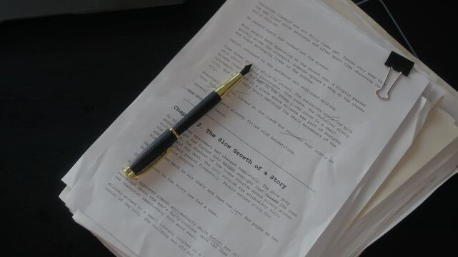 From above view close up of fountain pen placed on pile of printed novel drafts on writers desk, creative occupation concept