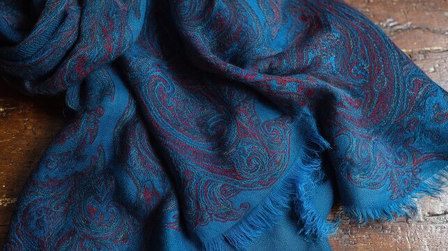 Hand-embroidered Kashmiri Pashmina shawl on old wood floor, intricate pattern and natural fiber texture in soft light