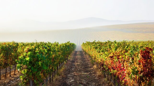 Expansive autumn dawn vineyard with trellis rows stretching into morning haze, cool soft light for poetic pastoral calm