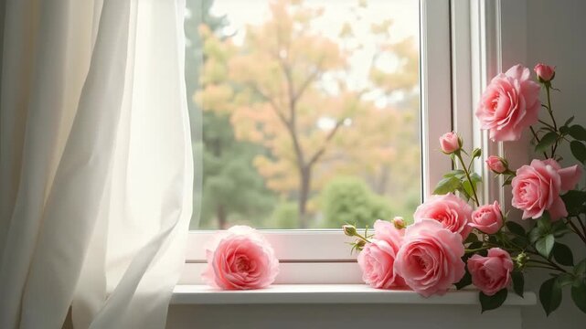 Spring mockup with open window view blooming rose garden and white curtain blowing in breeze on sill, romantic lifestyle
