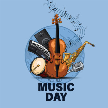 happy world music day event and musical instruments with light background. abstract vector illustration design