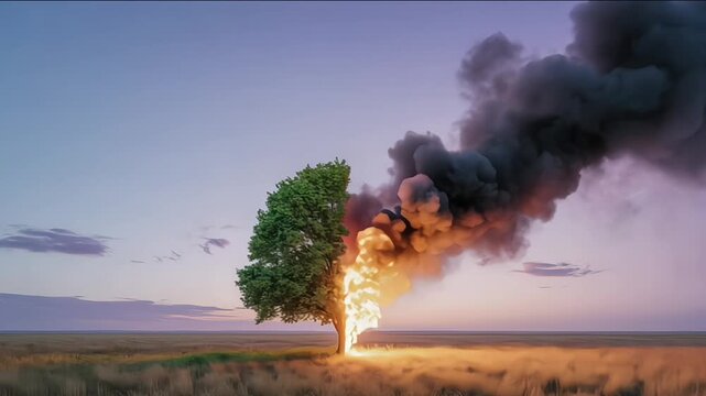 Tree Burning and Splitting into Two with Smoke and Fire in Rural Field at Twilight