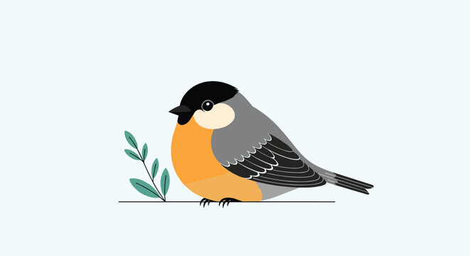 Cute illustration of a small round bird with a black head an orange belly and grey wings perched on a thin branch with green leaves on blue.