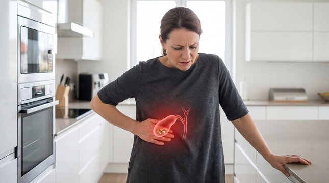 Woman suffering from gallbladder pain in kitchen. Visualization of gallstones inside organ. Medical concept of biliary colic, digestive system disease, internal organ inflammation issue.