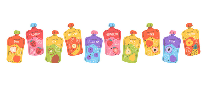 Colorful fruit puree pouches. Organic baby food, healthy snacks. Perfect for packaging design, branding, posters, educational materials related to natural food and childcare. Flat vector illustration
