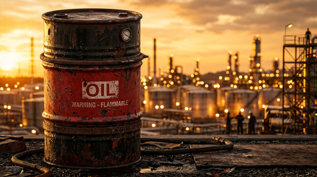 Weathered red black industrial oil drum before oil storage refinery facility at sunset