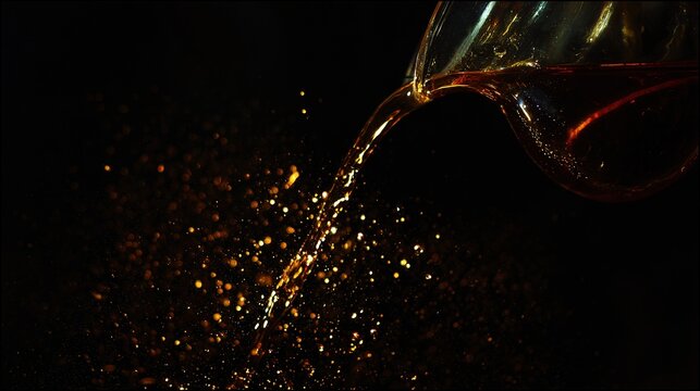 Dark amber liquid pouring from flagon spout in dynamic splash, backlight highlighting viscosity and color, frozen motion on dark background