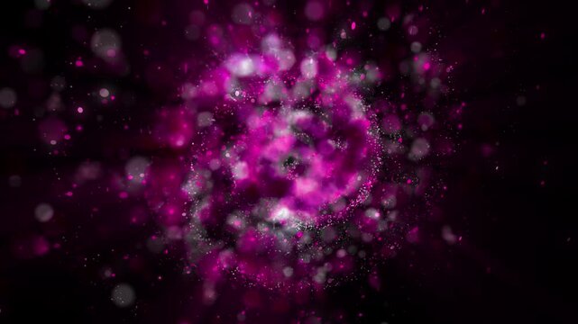 A bright galaxy made up of billions of particles glows neon and moves through space, scattering meteors and plasma.
