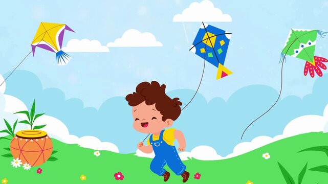 Cartoon Boy Flying Colorful Kites in a Sunny Meadow Landscape