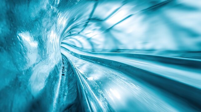 First-person luge sled view, high-speed motion blur on curved blue ice track walls, dynamic angle, deep focus