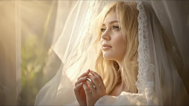 Contemplative blonde woman in white lace veil praying beside sunlit window, hands gently clasped, showing deep spiritual devotion and heartfelt hope and faith