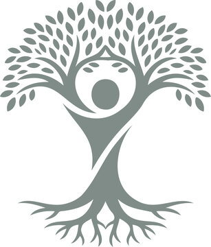 Tree with human face and roots growing out of ground  symbolic illustration