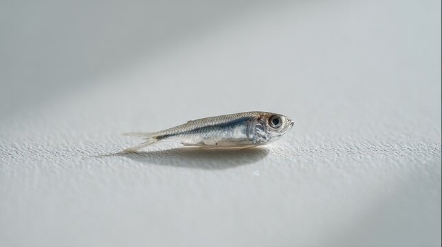 Single tiny whole fresh whitebait sprat fish with silver translucent scales and large eye on clean white background. AI generated image