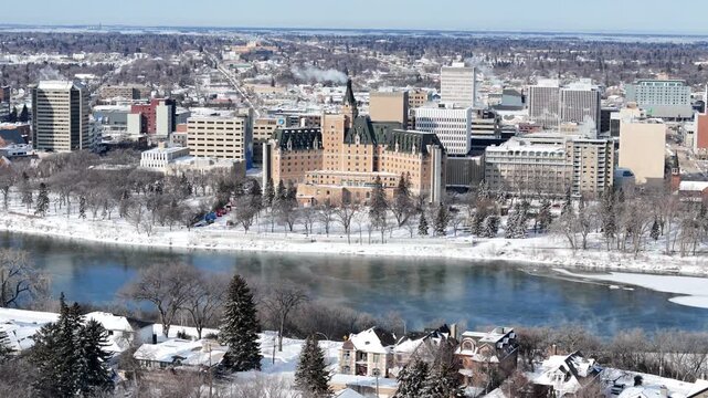 Aerial drone footage captures downtown Saskatoon in winter
