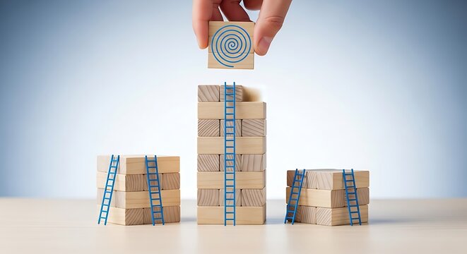 A hand placing a wooden block with a blue target on top of a stack of wooden blocks with blue ladders