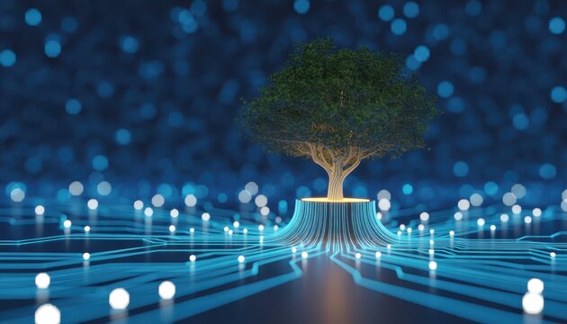 Digital tree growing from a glowing blue circuit board network