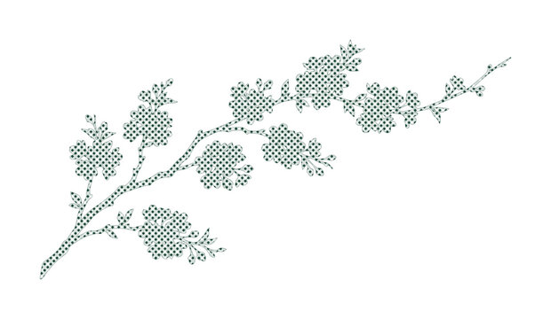 Delicate cross-stitch floral branch, elegant embroidered flower design, traditional needlework blossom vector, decorative spring plant illustration isolated on White Background
