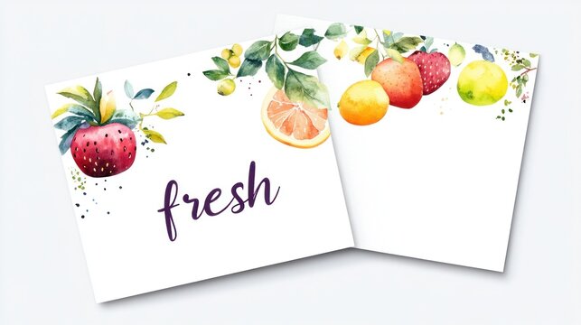 Watercolor fruit tags, fresh produce, floral design, blank space, printable stationery, decorative
