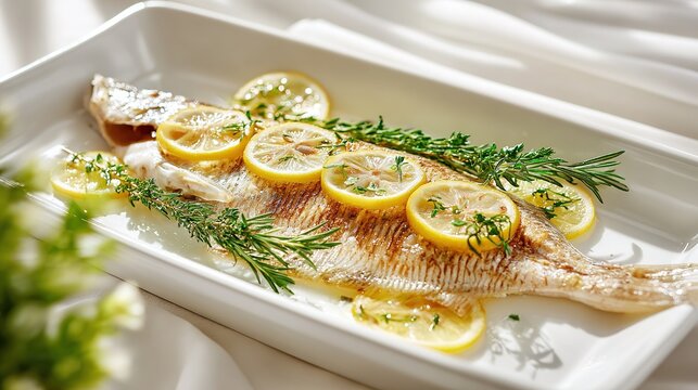 Crispy golden whole turbot on white plate with lemon and fresh herbs, minimalist luxury table, soft light for fine cuisine