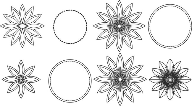 Collection of black and white floral and circular line flower circle dashed line