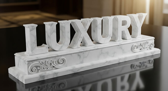 The word "LUXURY" is elegantly crafted in pristine white marble 3D letters, standing on an intricately carved matching marble base, reflecting opulence and sophistication on a polished dark surface.